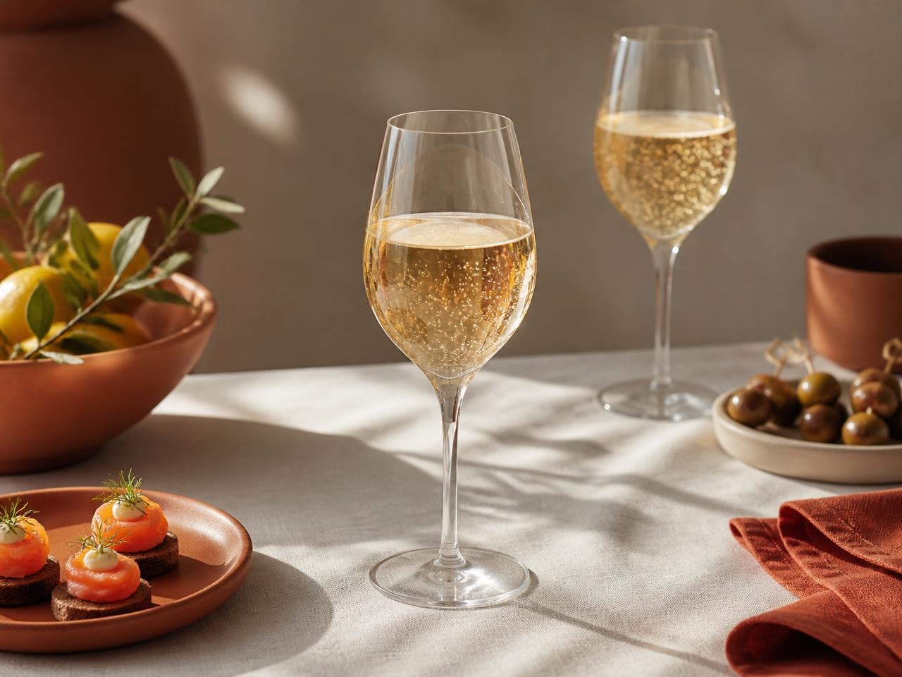 Apéro-Gläser und Häppchen auf heller Leinentischdecke